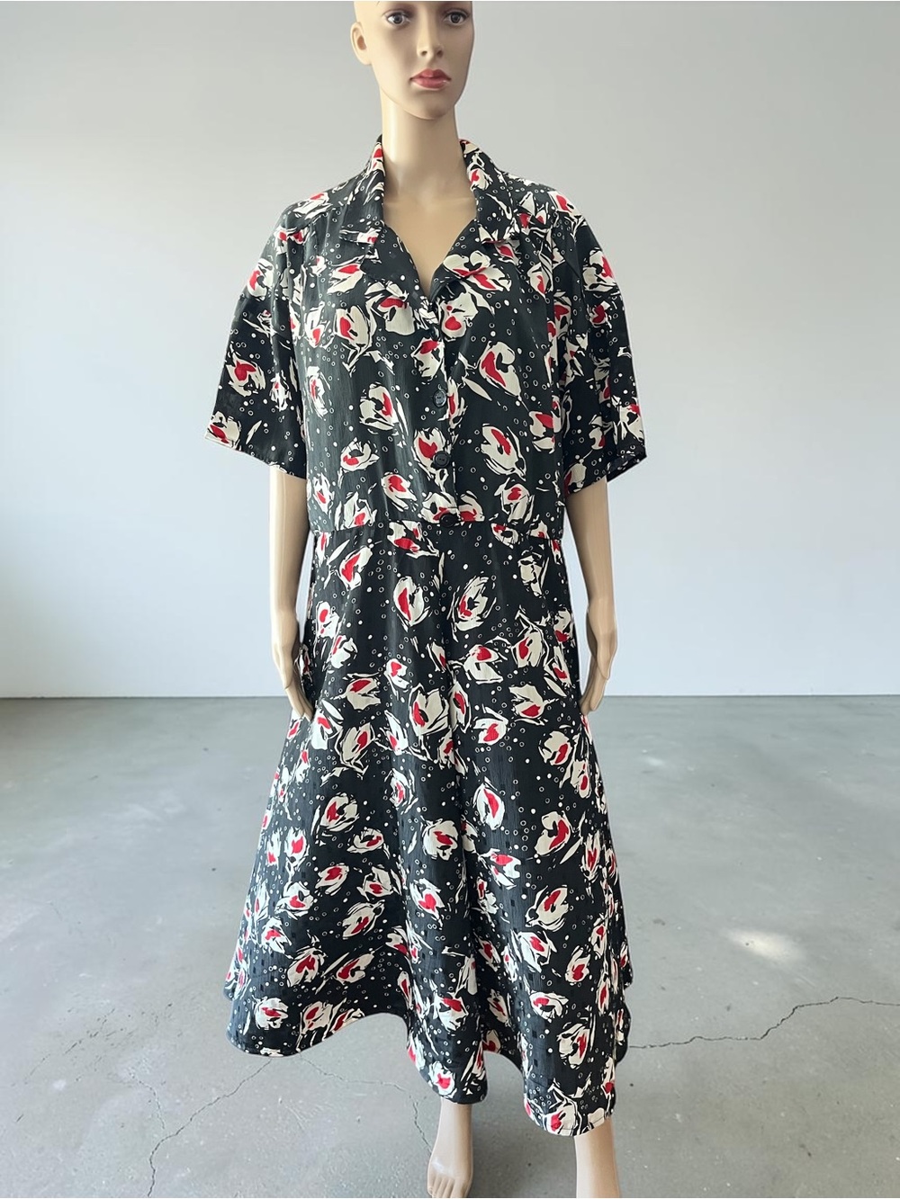 Vintage 80s Handmade Midi Dress Abstract Floral Black Red Short Sleeve M/L
